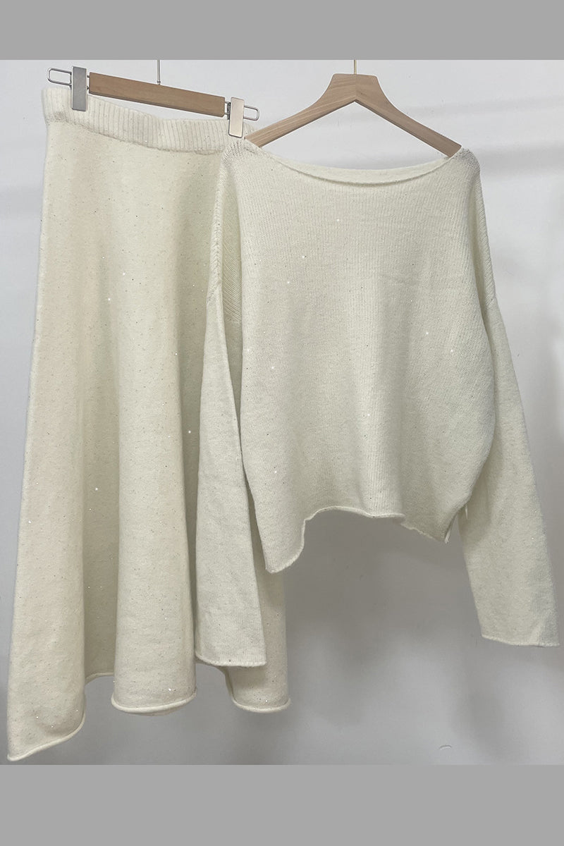 Elegante conjunto de dos piezas con lentejuelas y cuello redondo, manga larga (5 colores)