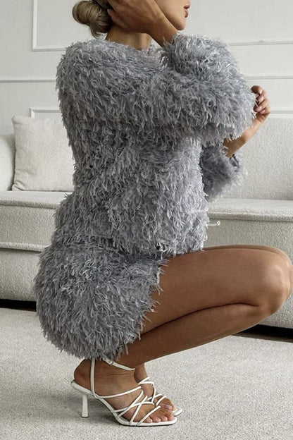 Conjunto de dos piezas elegante con flecos y cuello redondo, manga larga (3 colores)