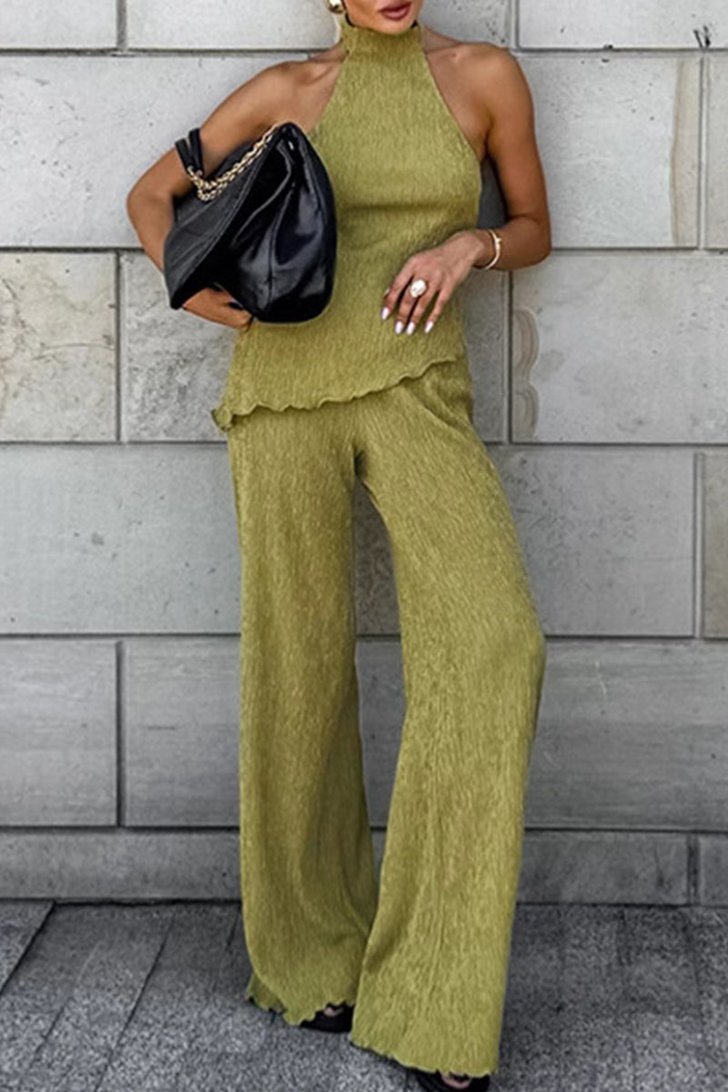 Conjunto de dos piezas con cuello halter, fruncido y sin espalda, sin mangas y estilo Street Daily