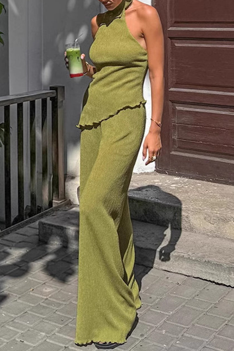 Conjunto de dos piezas con cuello halter, fruncido y sin espalda, sin mangas y estilo Street Daily