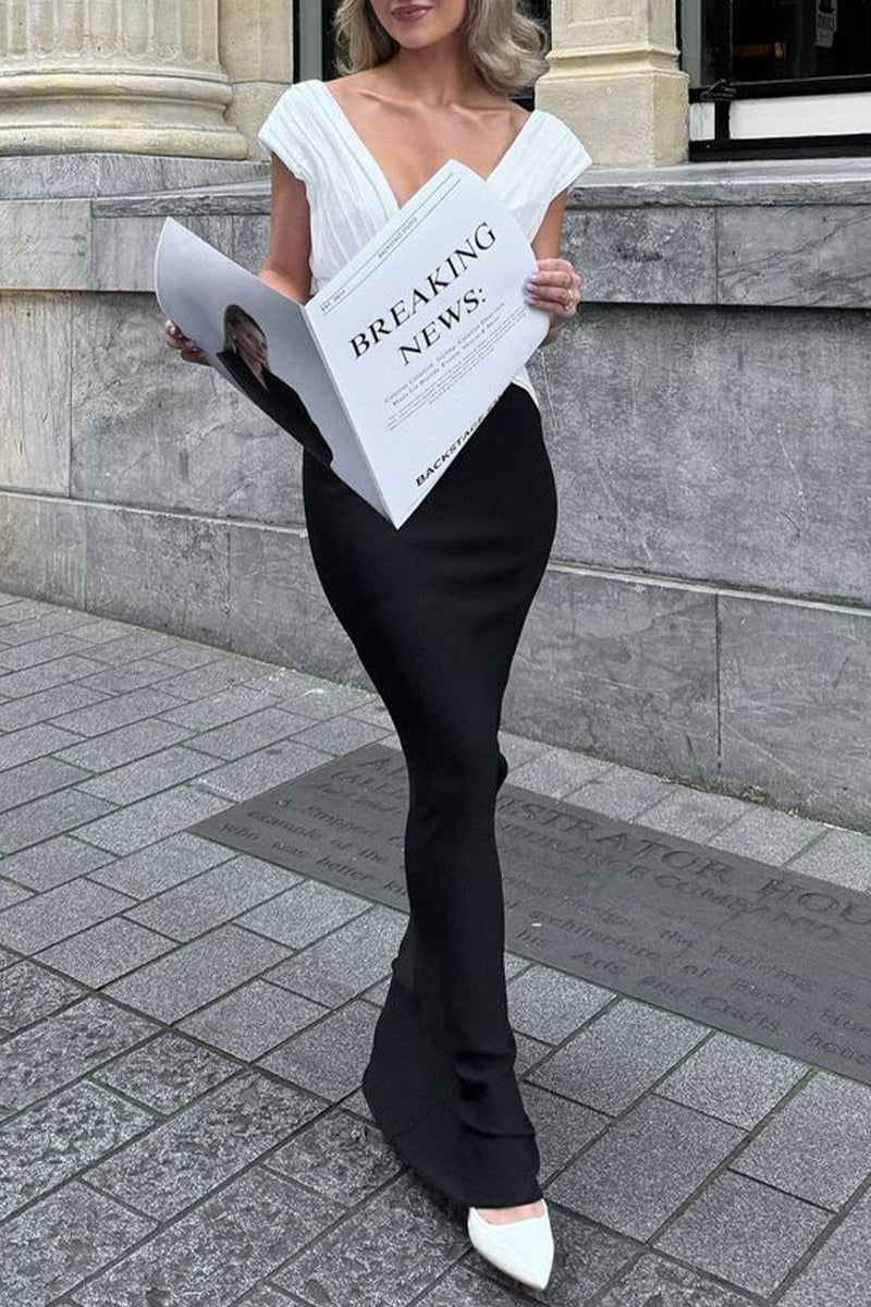 Vestidos largos sexys con escote en V, fruncidos y en contraste, sin espalda