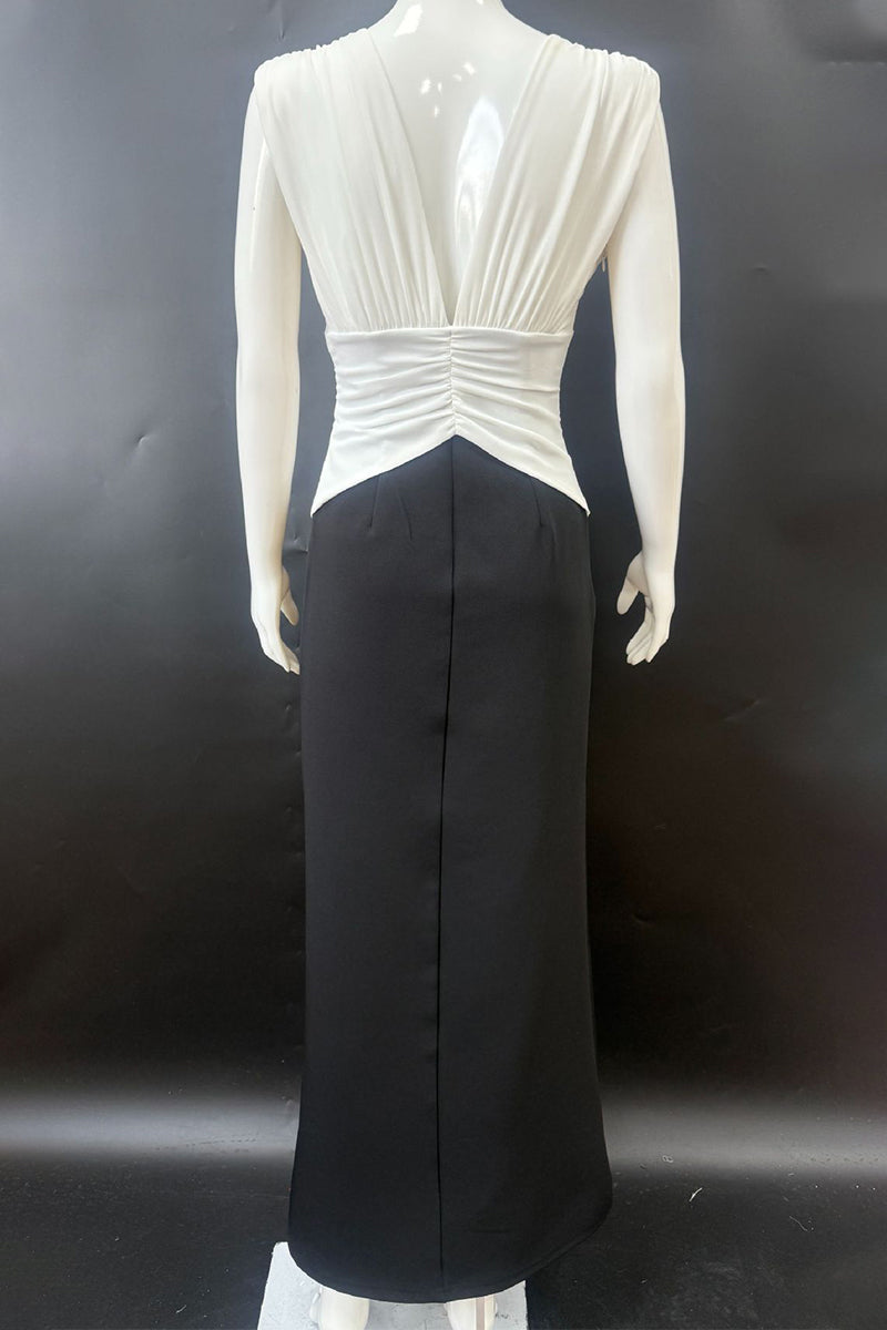 Vestidos largos sexys con escote en V, fruncidos y en contraste, sin espalda