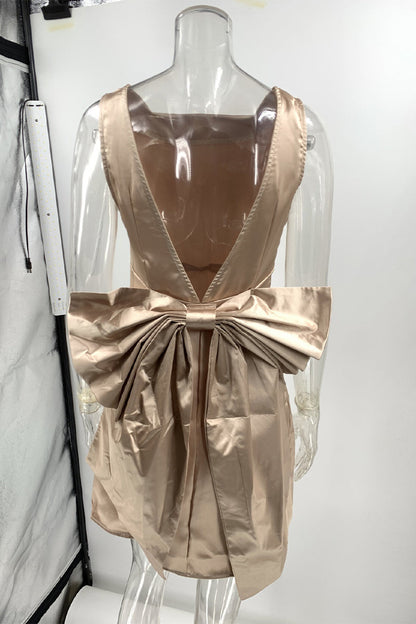 Vestidos sexis de fiesta sin espalda con lazo y cuello cuadrado sin mangas