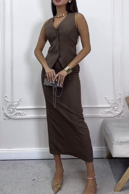 Pocket Buttons Strap Design V Neck Sleeveless Two Pieces(3 Colors)