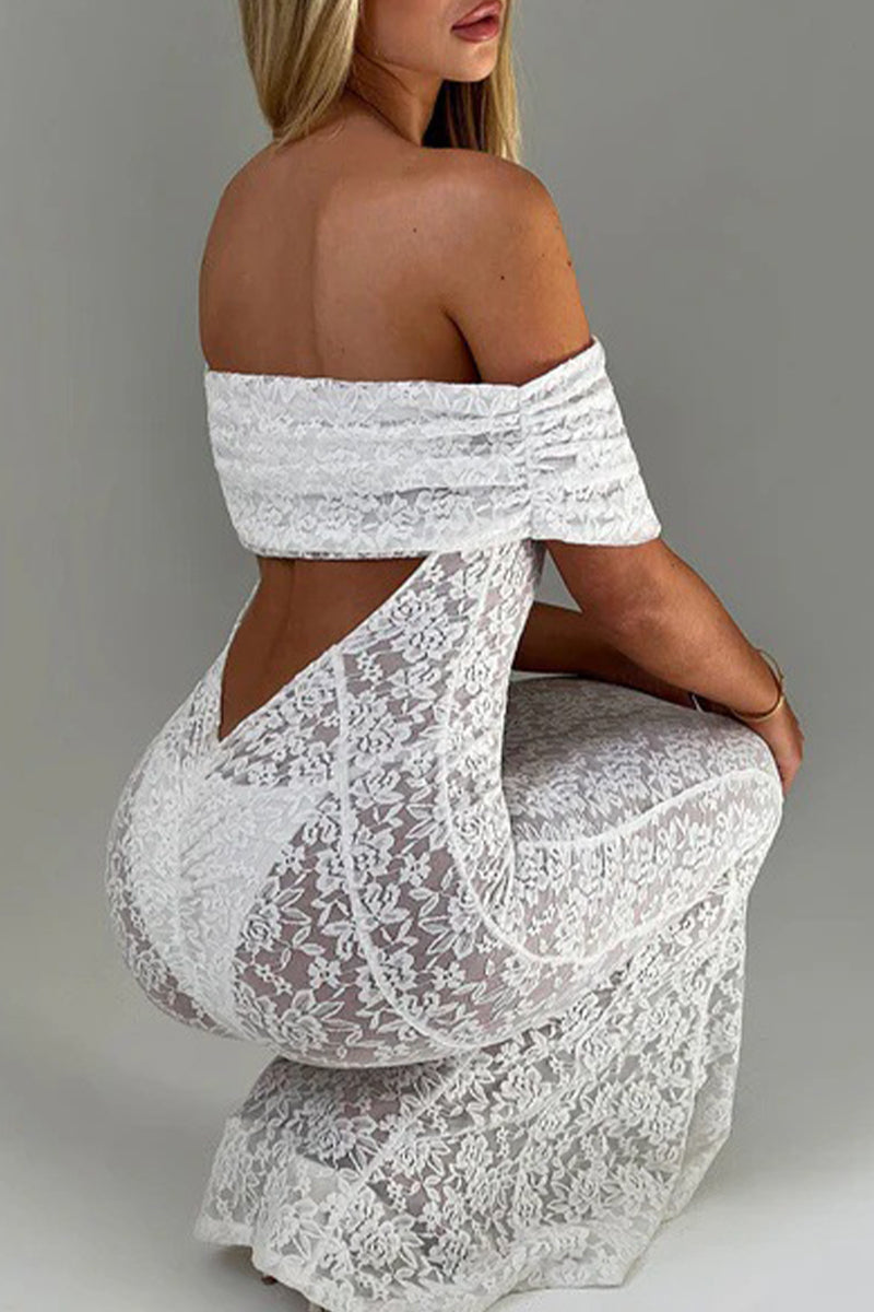 Vestidos largos sexis de encaje con espalda descubierta y cola de pez con hombros descubiertos