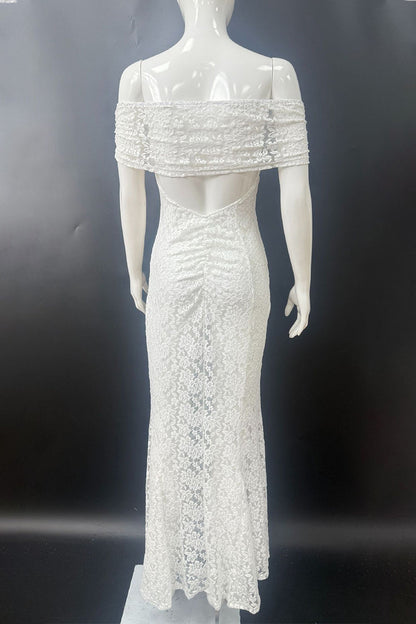 Vestidos largos sexis de encaje con espalda descubierta y cola de pez con hombros descubiertos