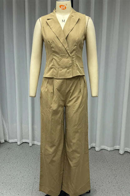 Conjunto informal de dos piezas con bolsillos, fruncido y cuello vuelto, sin mangas