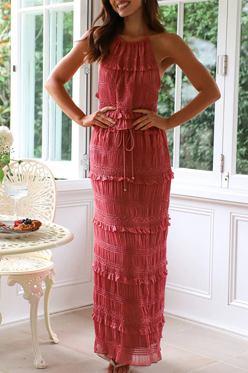 Traje de baño sexy de dos piezas con encaje y cuello halter sin mangas (4 colores)