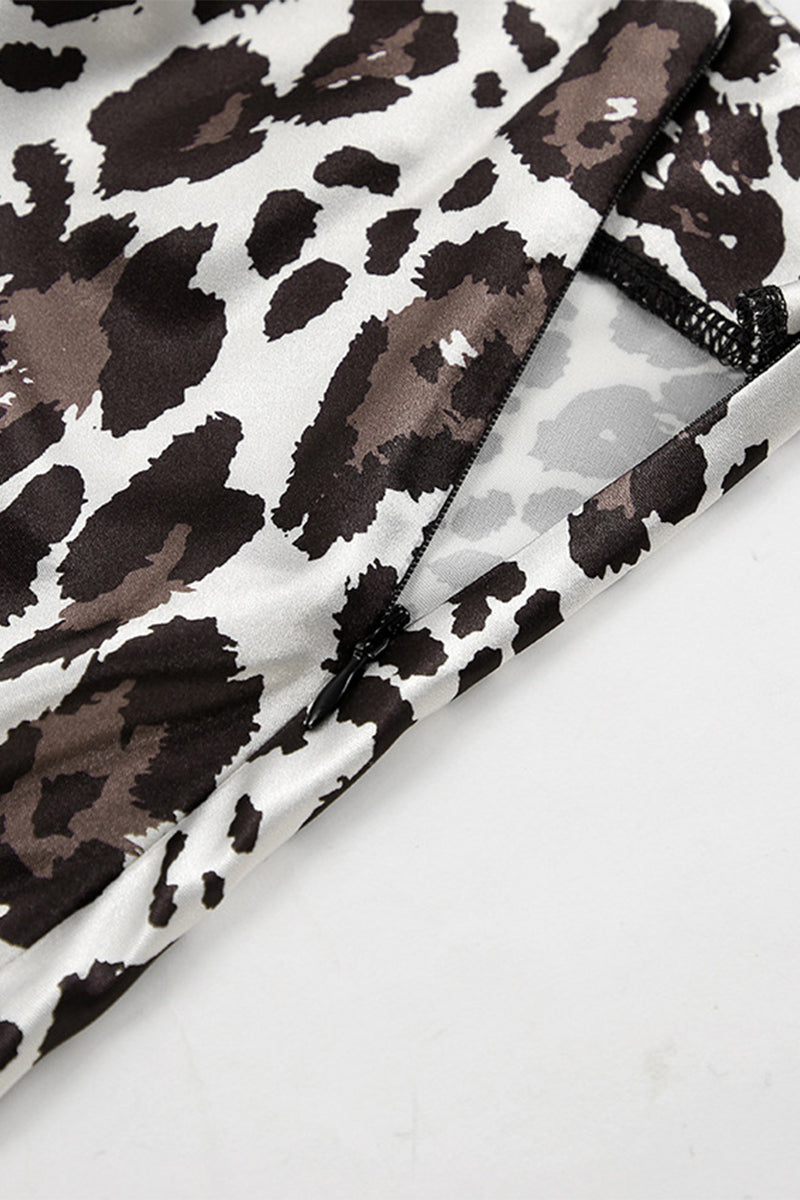 Elegante pantalón tipo A con cintura alta, estampado completo y cremallera de leopardo en contraste