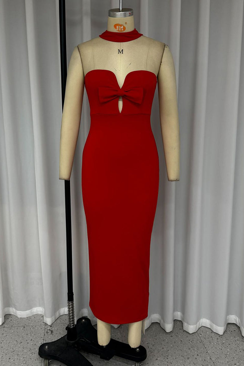 Vestidos sexys de falda de un solo paso con cuello halter y decoración de lazo