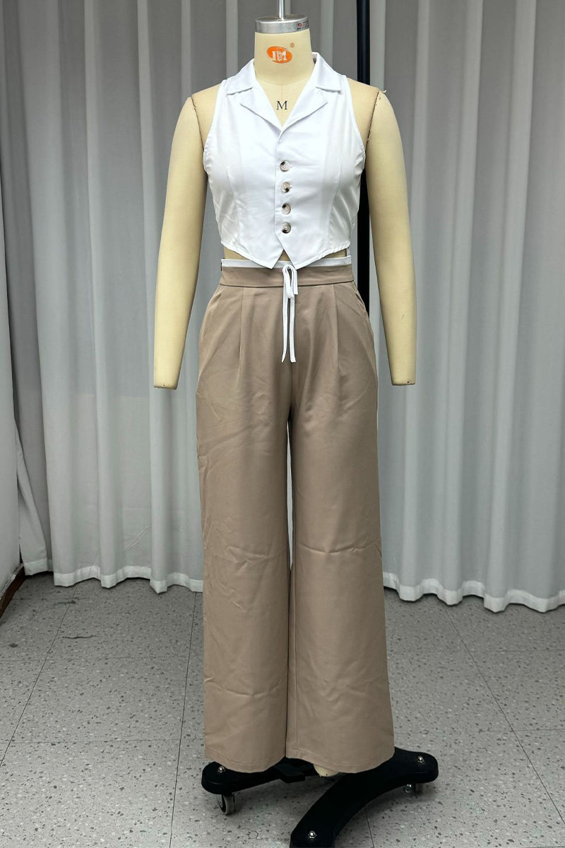 Casual Lace Up Buttons Turndown Collar Sleeveless Two Pieces