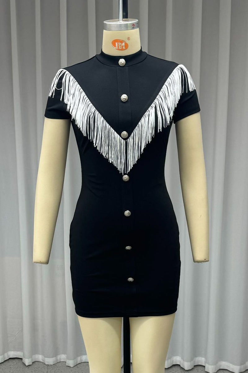 Vestidos casuales con falda cruzada y cuello alto, borlas y botones