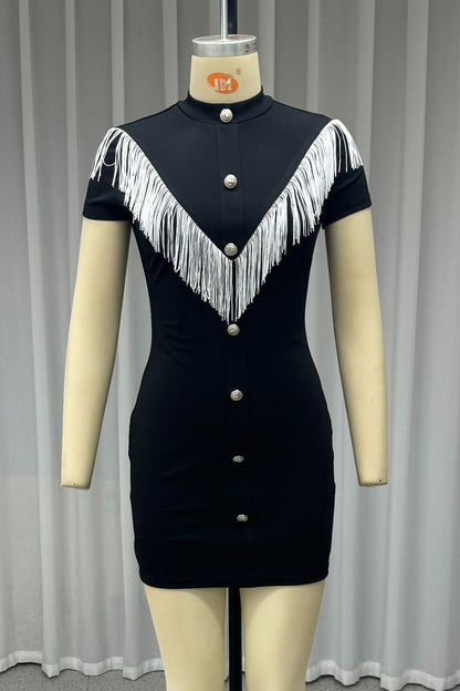 Vestidos casuales con falda cruzada y cuello alto, borlas y botones