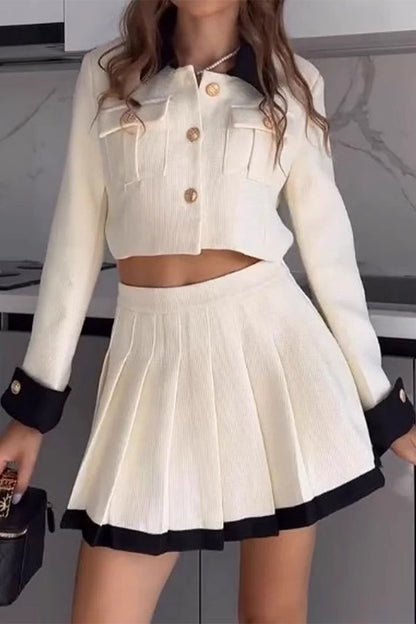 Celebridades Patchwork Plisado Contraste Cuello Vuelto Manga Larga Dos Piezas