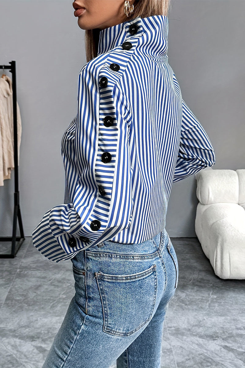 Blusas casuales de cuello alto con botones y rayas