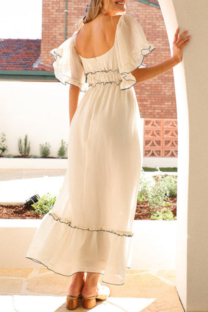 Vestido sexy de manga corta con hombros descubiertos y patchwork en contraste