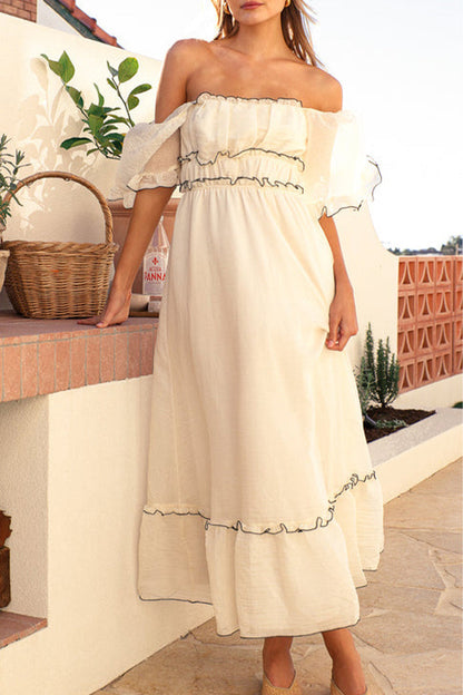 Vestido sexy de manga corta con hombros descubiertos y patchwork en contraste