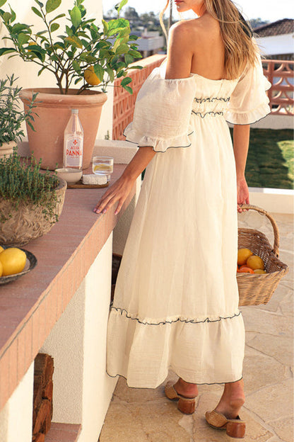 Vestido sexy de manga corta con hombros descubiertos y patchwork en contraste