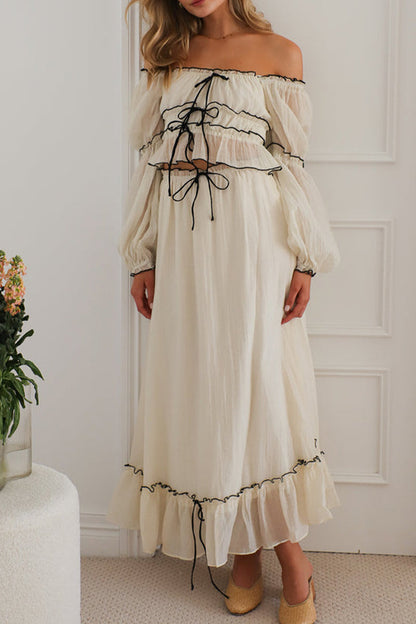 Conjunto de dos piezas sexy con encaje, volantes, hombros descubiertos y manga larga en contraste