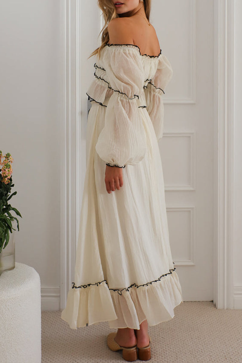 Conjunto de dos piezas sexy con encaje, volantes, hombros descubiertos y manga larga en contraste