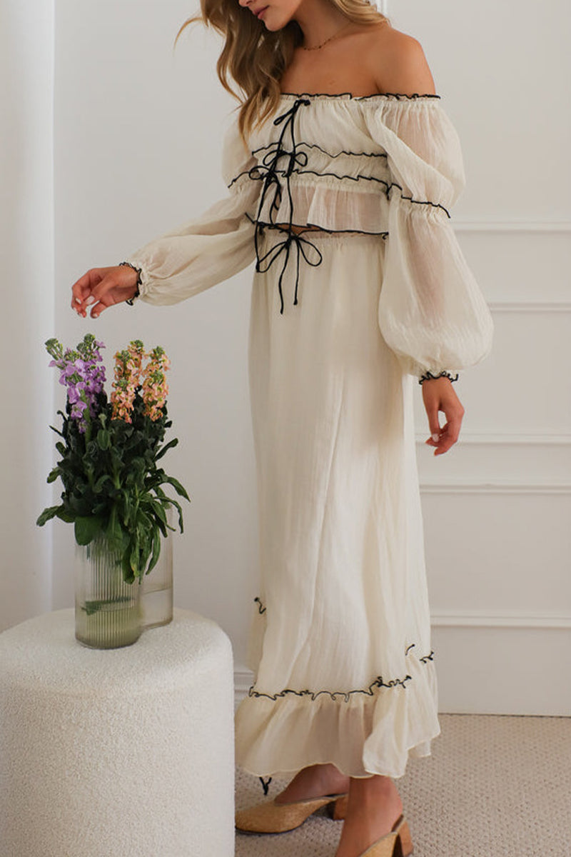 Conjunto de dos piezas sexy con encaje, volantes, hombros descubiertos y manga larga en contraste