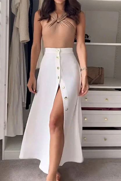 Conjunto informal de dos piezas con cuello halter, sin mangas y hebilla de color sólido