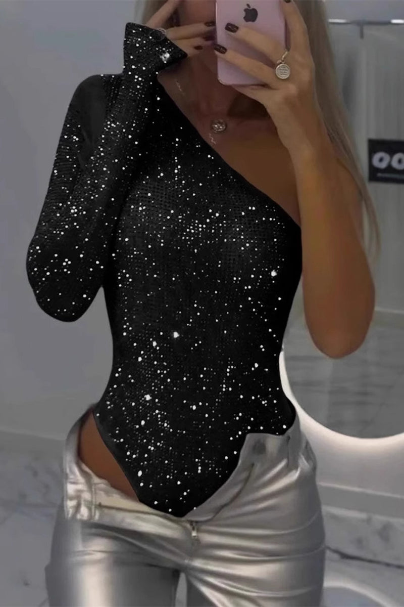 Sexy Sequins Sequined Sloping Shoulder Skinny Bodysuits(6 Colors)