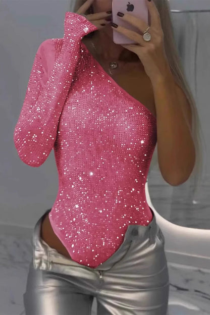 Sexy Sequins Sequined Sloping Shoulder Skinny Bodysuits(6 Colors)