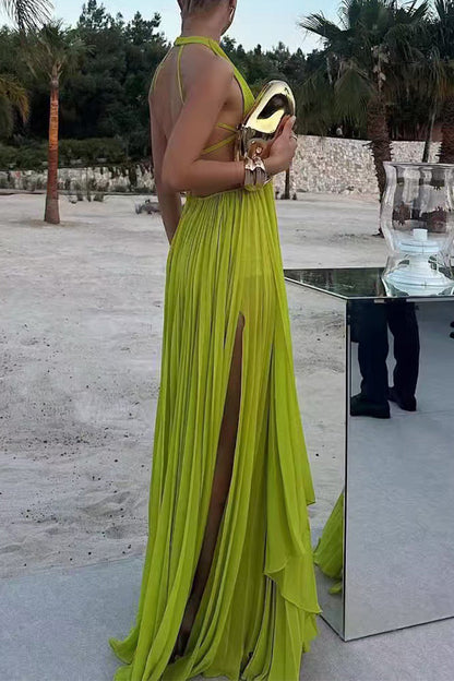 Traje de baño de dos piezas sexy sin espalda, plisado, con abertura y cuello halter, sin mangas