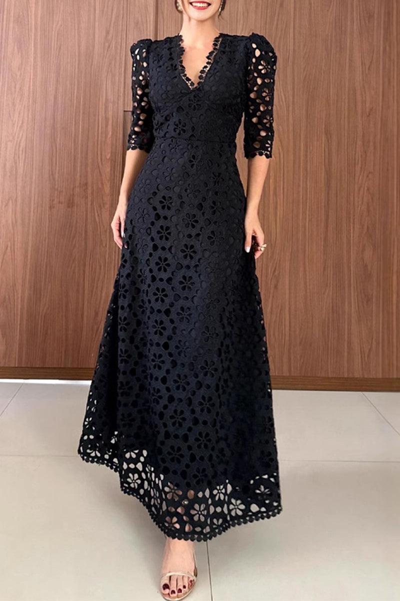 Vestidos largos casuales con cuello en V, con flores y aberturas, con cremallera