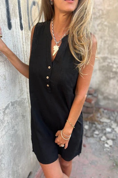 Vestidos casuales sin mangas con cuello en V y botones de bolsillo (4 colores)