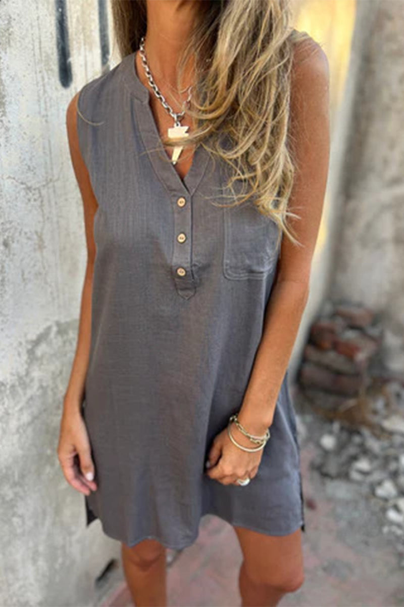 Vestidos casuales sin mangas con cuello en V y botones de bolsillo (4 colores)