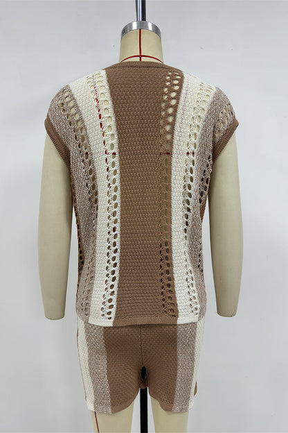 Conjunto de dos piezas informal de rayas con escote en V y manga corta en contraste