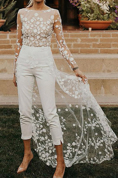 Monos rectos sexys de encaje con patchwork y cuello redondo