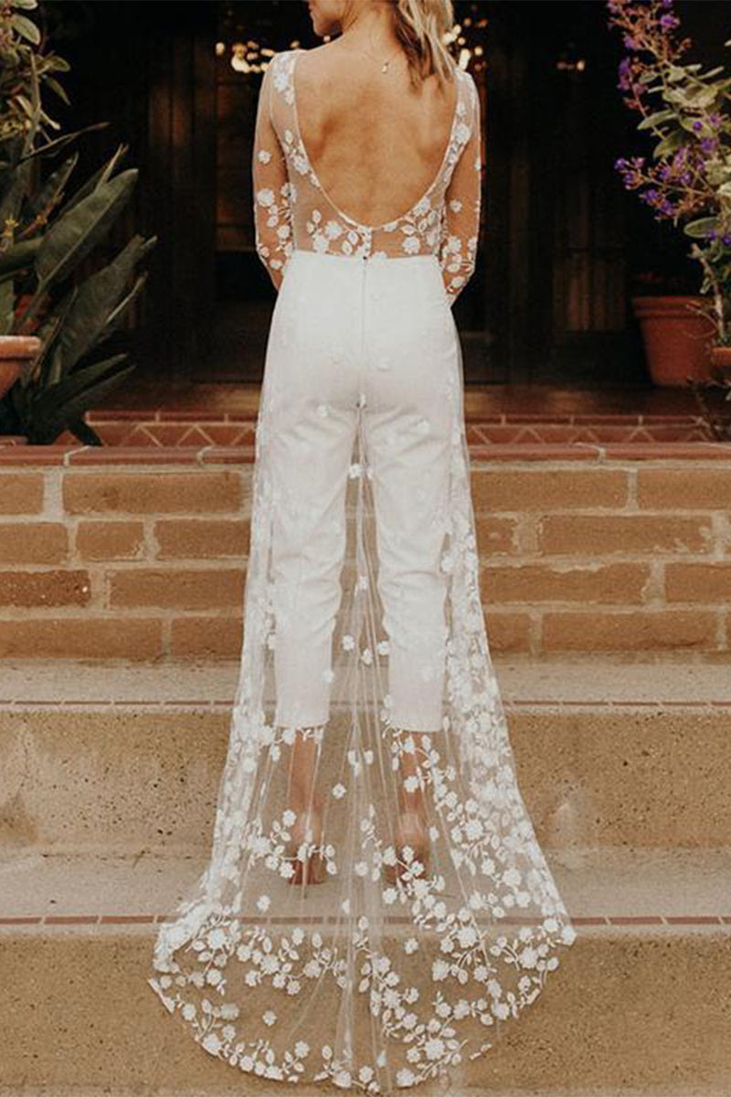 Monos rectos sexys de encaje con patchwork y cuello redondo