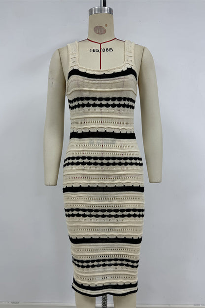 Sexy Stripe Weave Contrast U Neck One Step Skirt Dresses