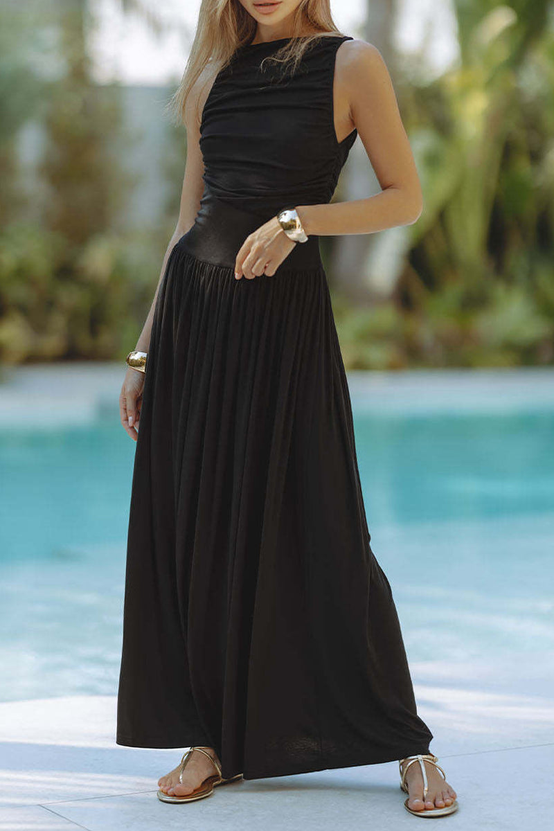 Vestidos casuales fruncidos con cuello redondo y sin mangas (3 colores)