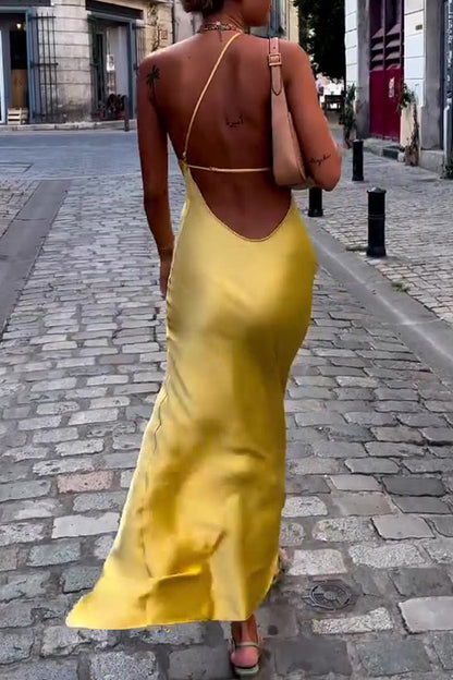 Sexy Solid Color Backless Slit Sloping Shoulder Long Dresses