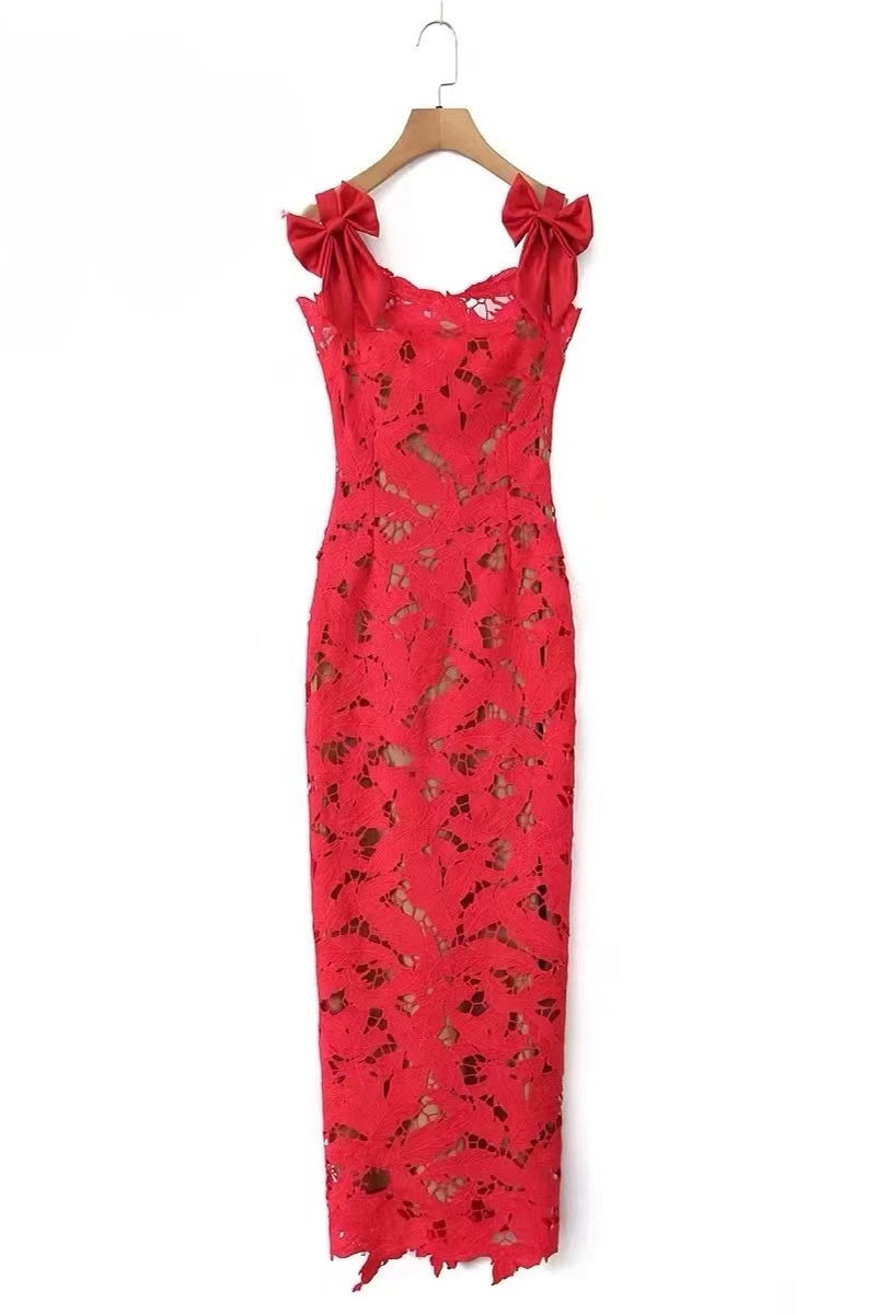 Vestidos largos sexis de encaje con abertura y cuello cuadrado