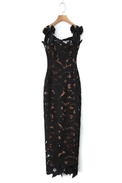 Vestidos largos sexis de encaje con abertura y cuello cuadrado