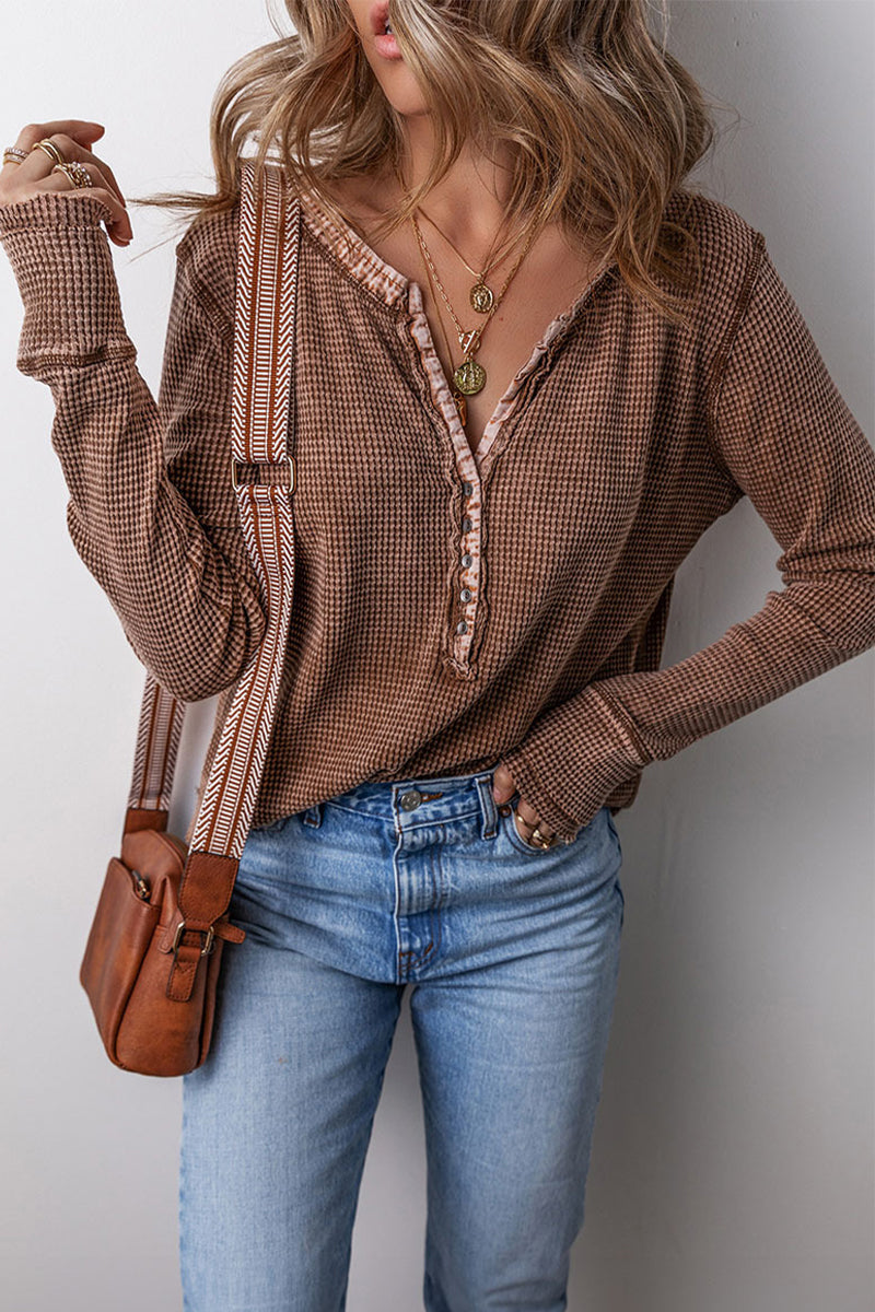 Blusa informal con cuello en V, botones y patchwork a cuadros (3 colores)