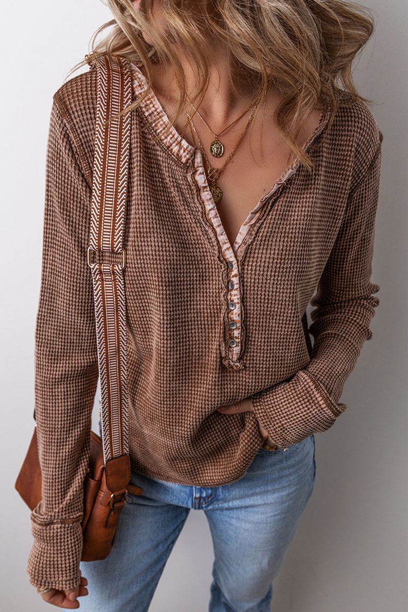 Blusa informal con cuello en V, botones y patchwork a cuadros (3 colores)