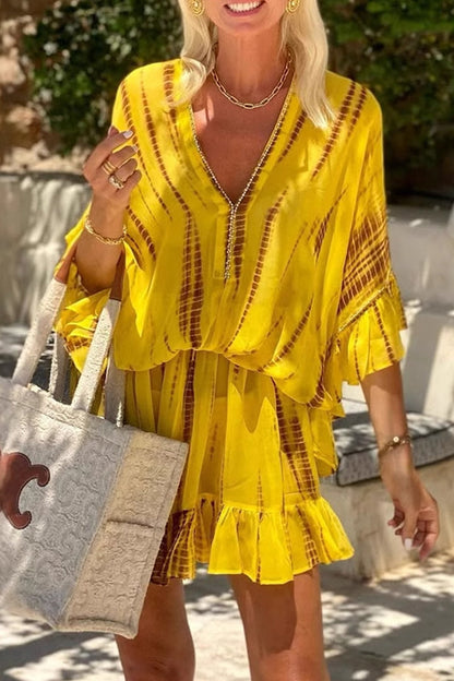 Vestidos casuales de vacaciones con estampado geométrico, volantes, cuello en V, corte A