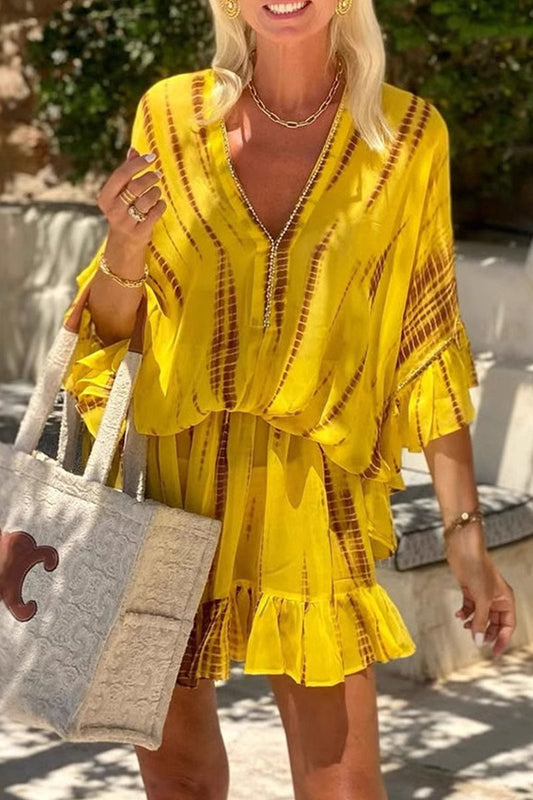 Vestidos casuales de vacaciones con estampado geométrico, volantes, cuello en V, corte A