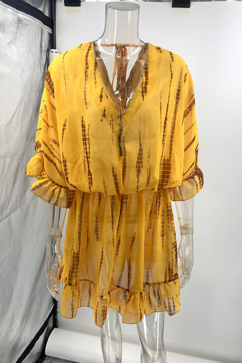 Vestidos casuales de vacaciones con estampado geométrico, volantes, cuello en V, corte A