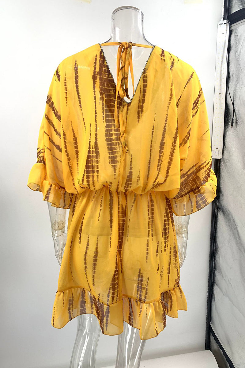 Vestidos casuales de vacaciones con estampado geométrico, volantes, cuello en V, corte A