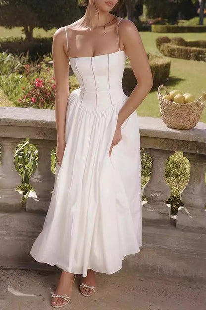 Elegantes vestidos de tirantes con cuello cuadrado y patchwork