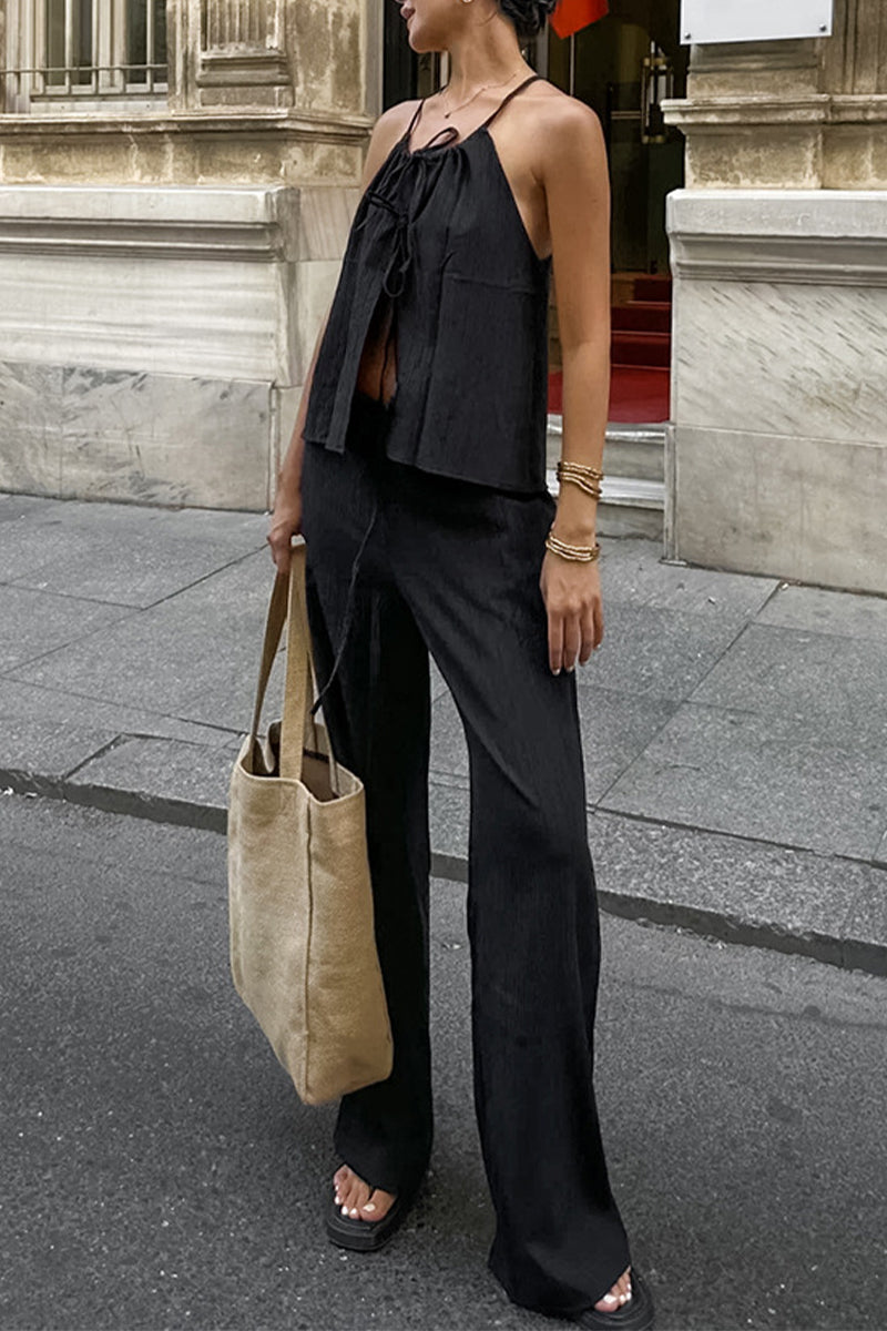 Traje de baño de dos piezas sin mangas con diseño de tirantes de bolsillo sexy