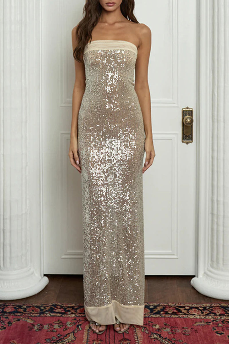 Vestidos largos sexis sin tirantes con abertura y lentejuelas (3 colores)