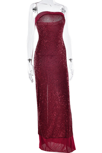 Vestidos largos sexis sin tirantes con abertura y lentejuelas (3 colores)